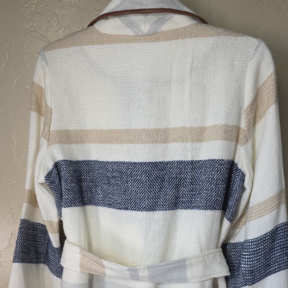 Chico's White Striped Cream Shawl-Collar Belted Blanket Jacket with Navy Beige - Picture 8 of 13